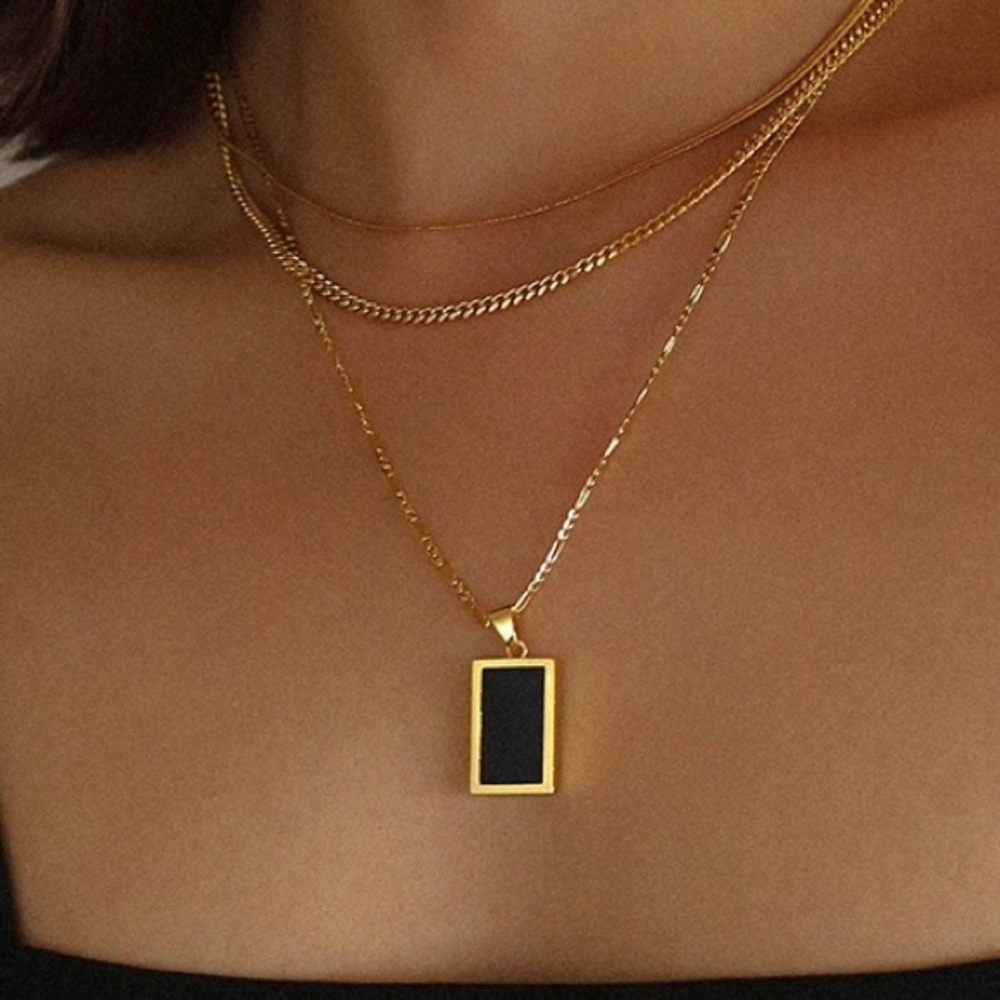Gold Layered Necklace with Black Rectangular Pendant